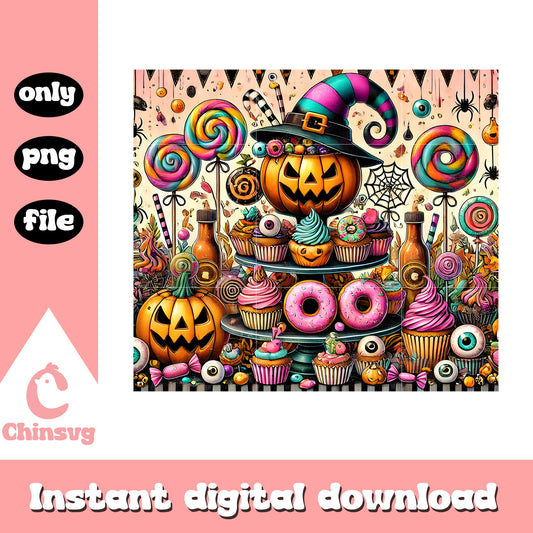 Halloween pumpkin witch tumbler design png, halloween candy png