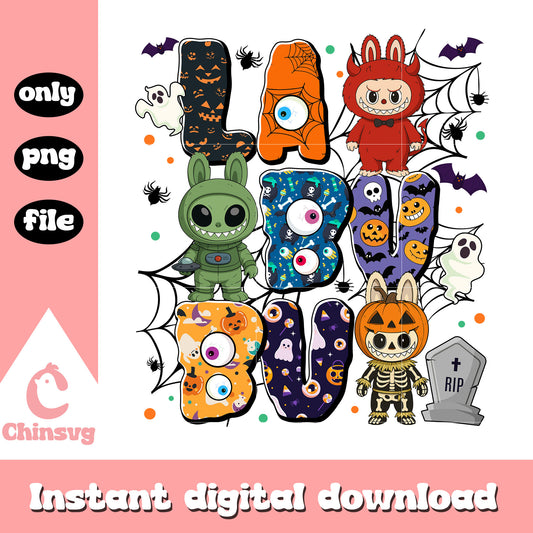 Halloween scary movie labubu font design png, cute labubu png, scary movies png