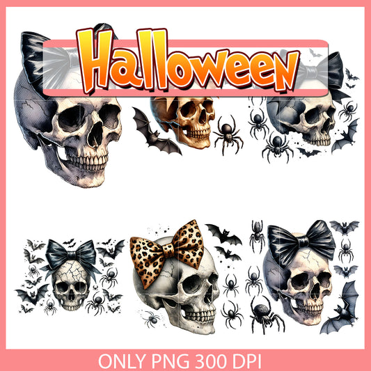 Halloween skull bow design bundle png, skull halloween​ png