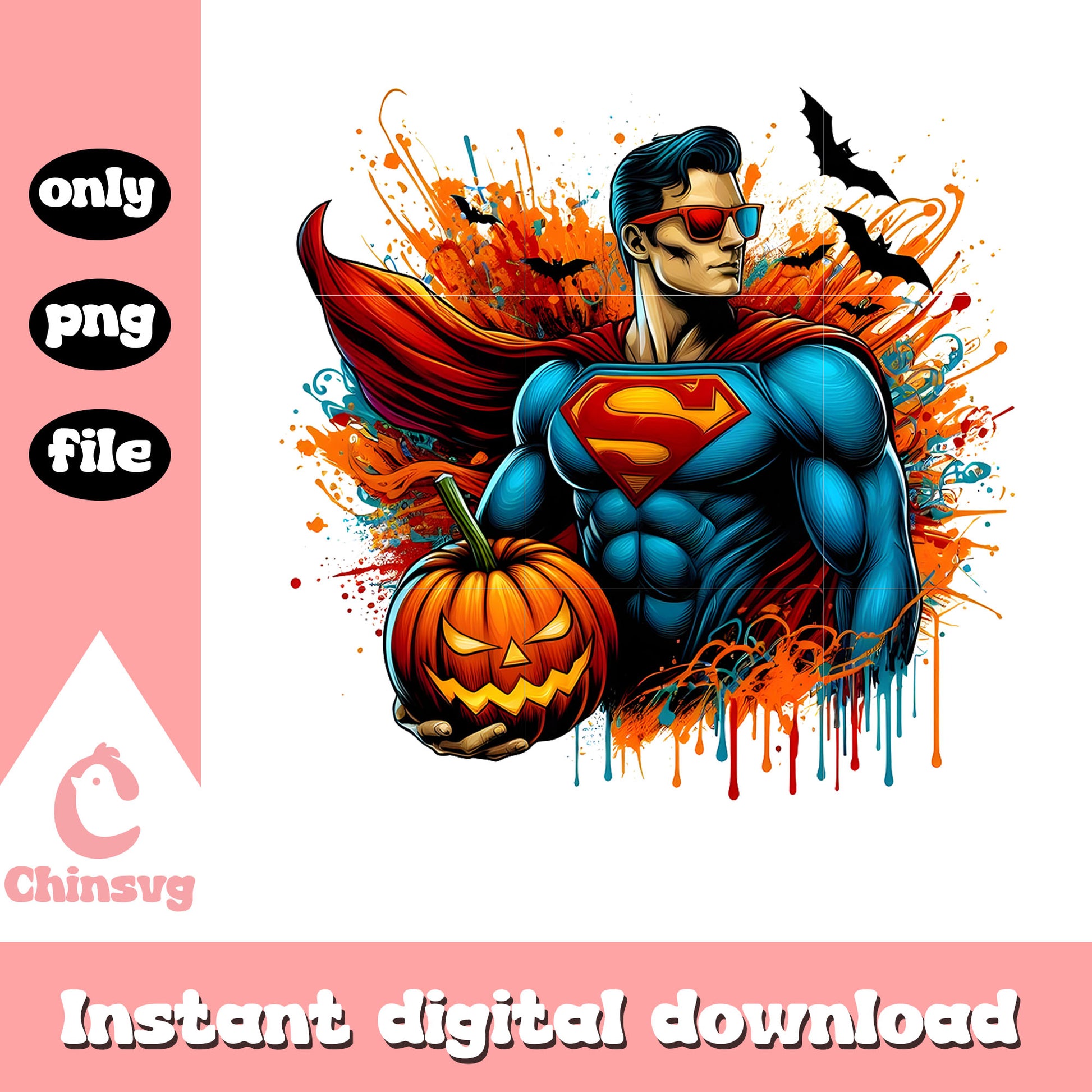 Halloween superman pumpkin splatted effect png, superman avengers png