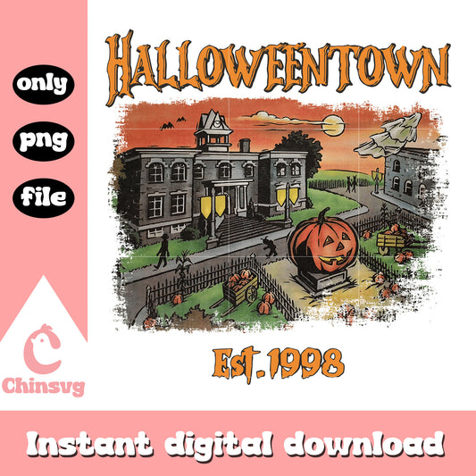 Halloween town est 1998 retro png, Vintage Halloween town pumpkin png
