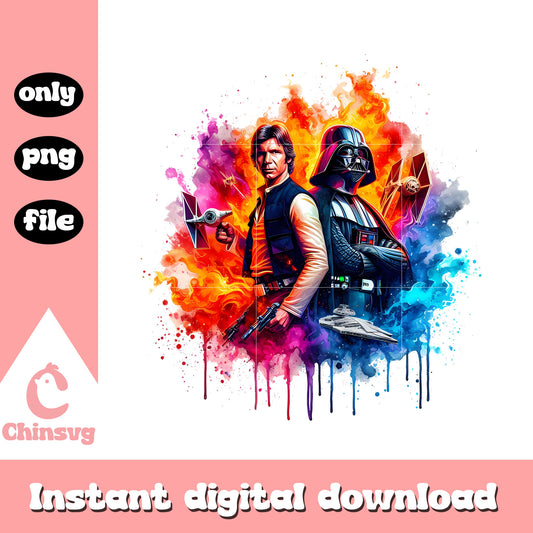 Han solo and darth vader watercolor design png, star wars movies png