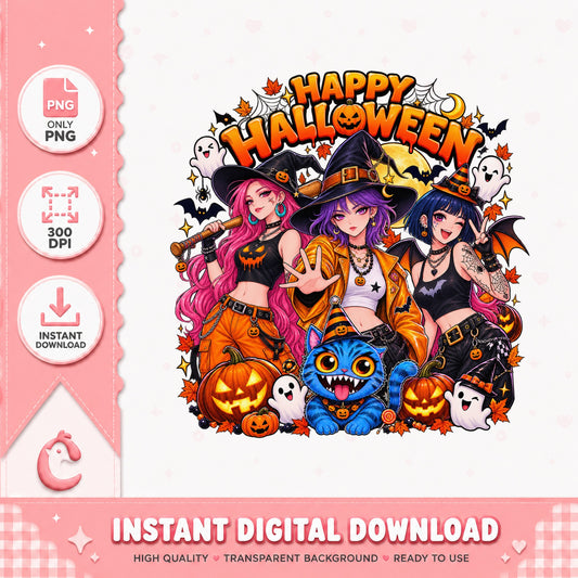 Happy Halloween Witches PNG, Anime Halloween Clipart, PNG