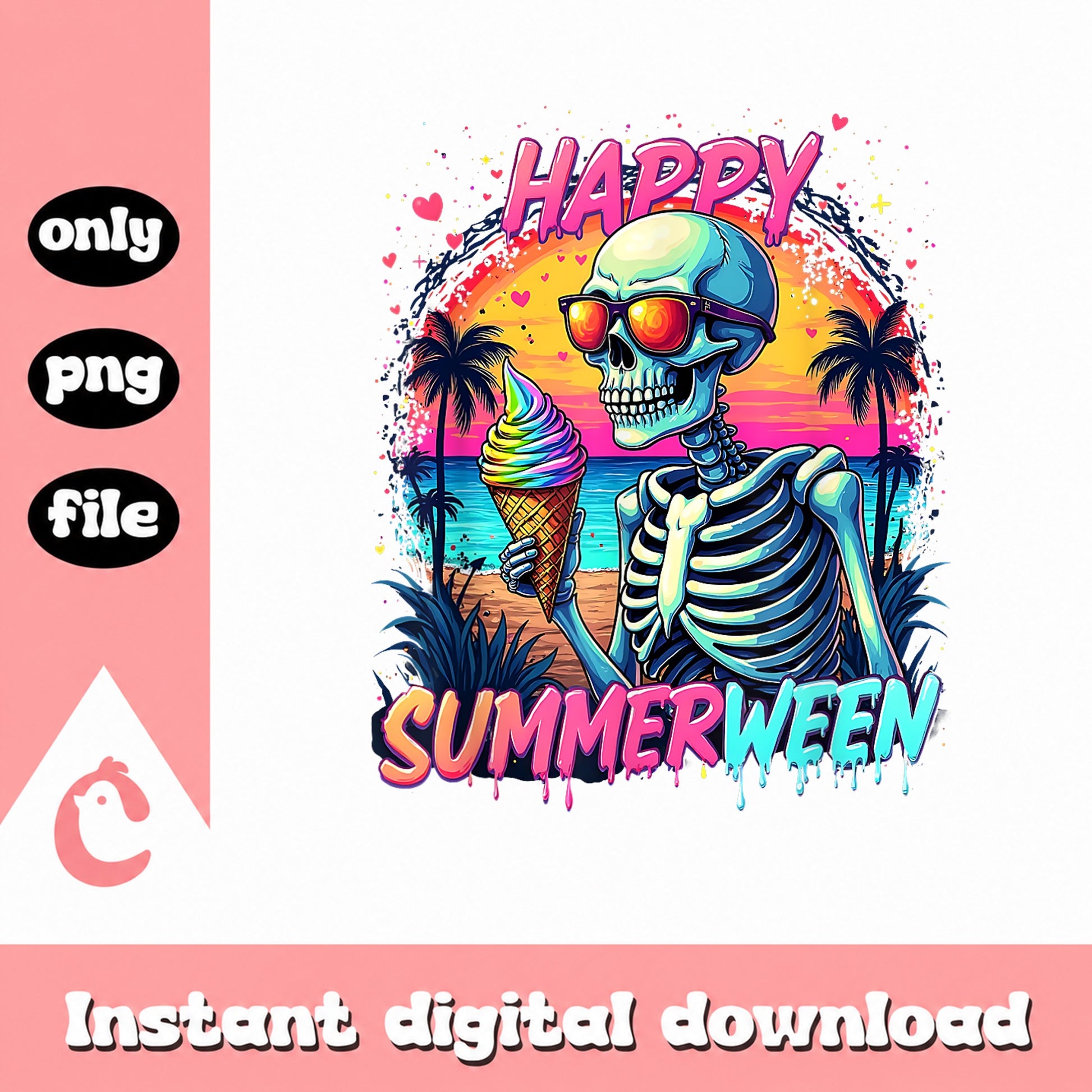Happy Summerween Skeleton PNG, Skull Summer Beach PNG, Funny Halloween PNG