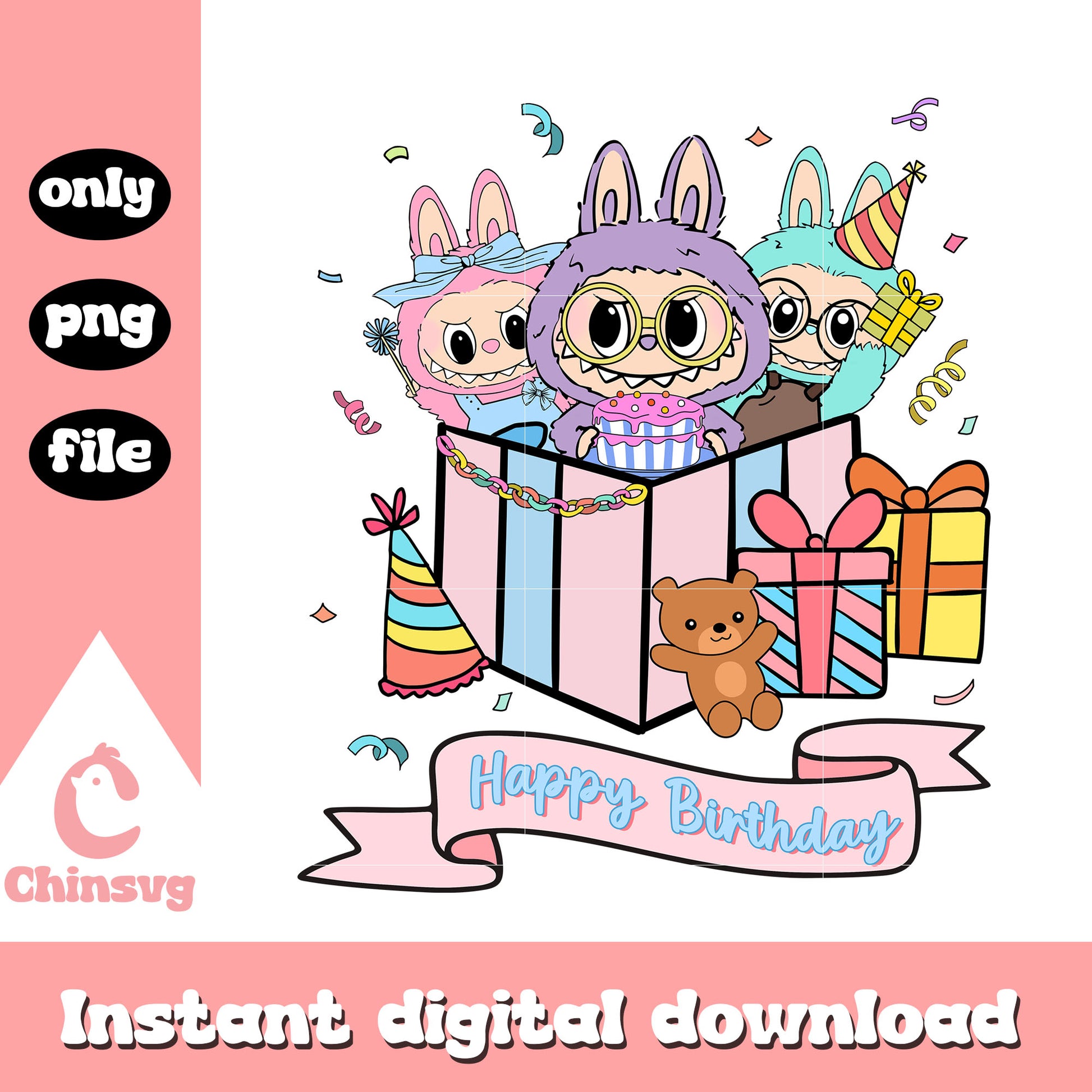 Happy birthday labubu doll design png, birthday gif png
