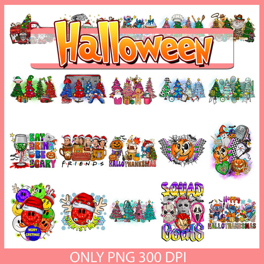 Happy hallothankmas design bundle png, christmas tree​ png, halloween png