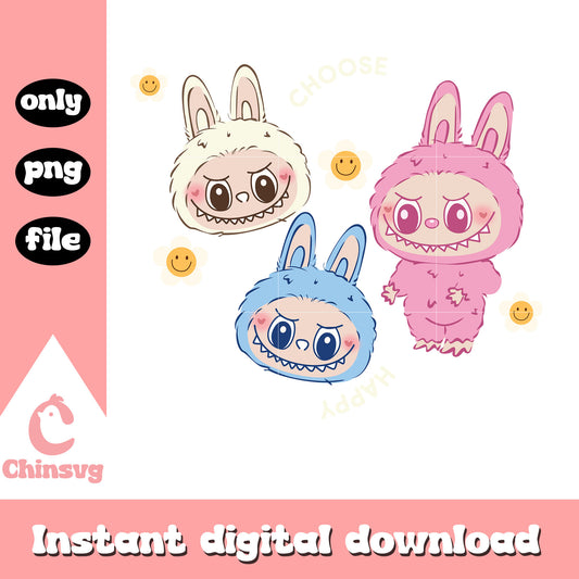 Happy trio labubu clipart drawing png, cute labubu png