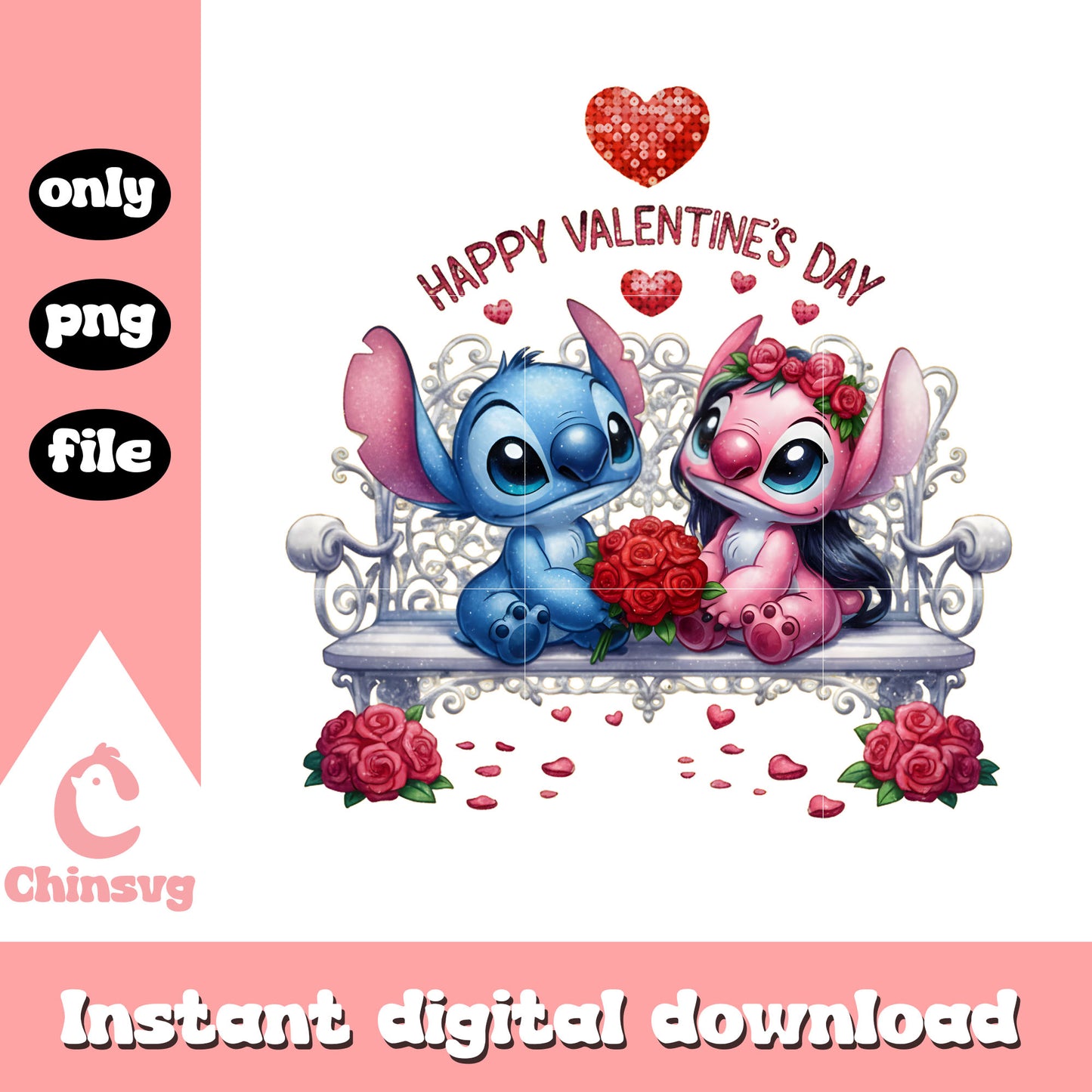 Happy valentine couple rose png, stitch valentines day​​​​​​ png