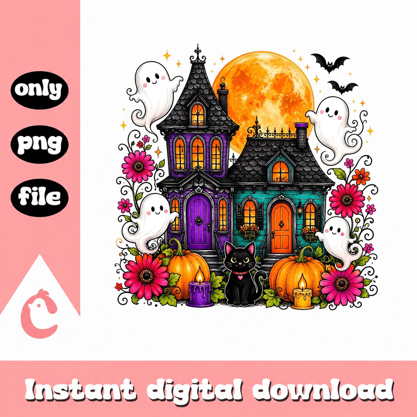 Haunted House Halloween PNG, Cute Ghost Pumpkin PNG, Spooky Cat PNG