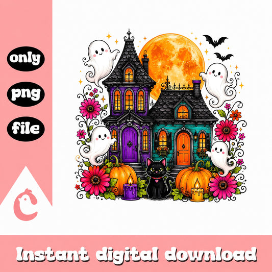 Haunted House Halloween PNG, Cute Ghost Pumpkin PNG, Spooky Cat PNG