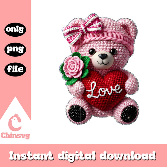 Heart pink bear crochet png, valentines teddy bear​​ png