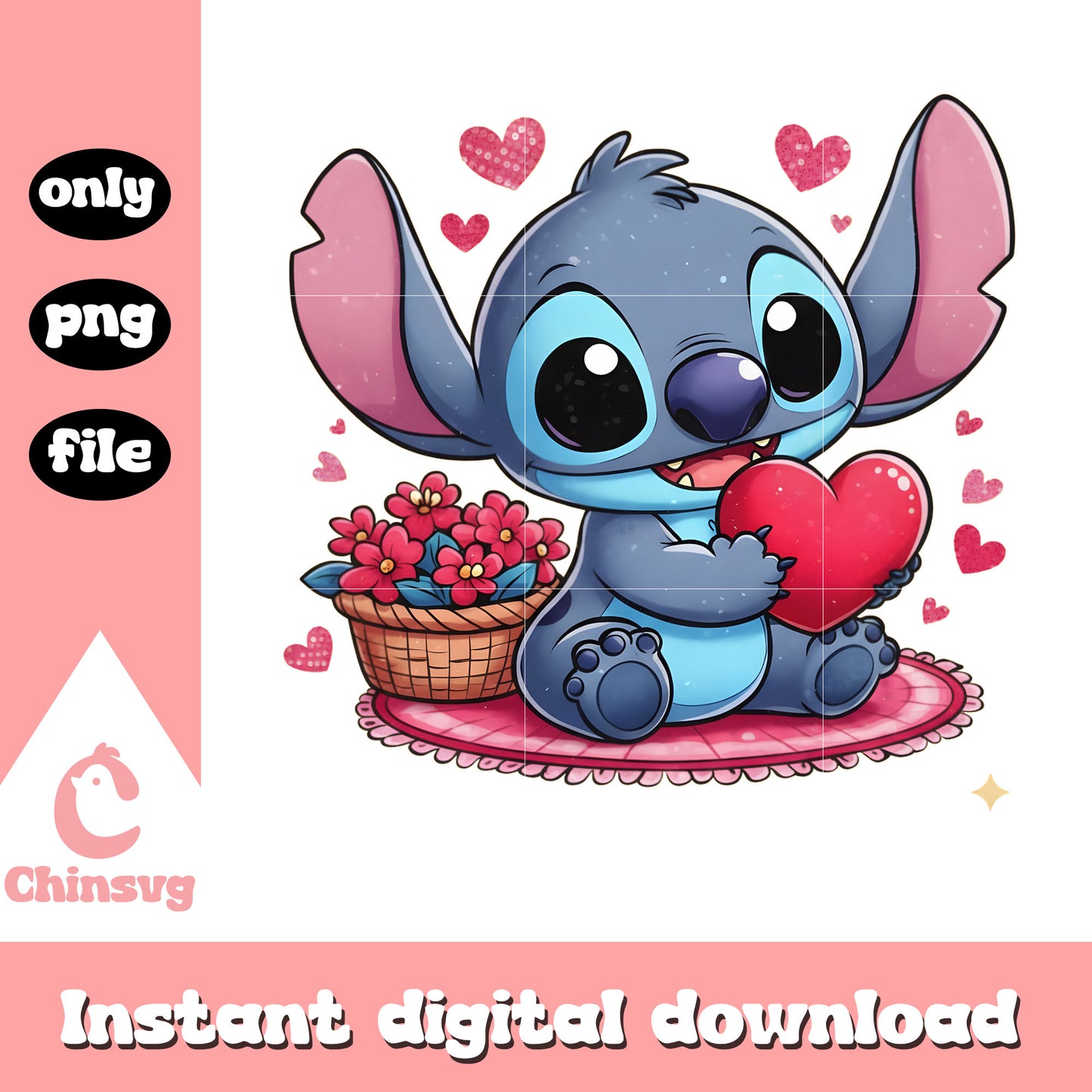 Hearts flower stitch cute png, valentines day stitch​​​​ png