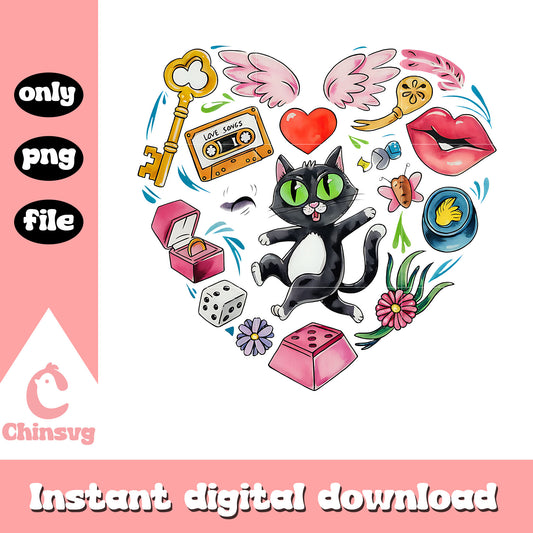 Heart valentine black cat doodle png, heart shape png, valentine png