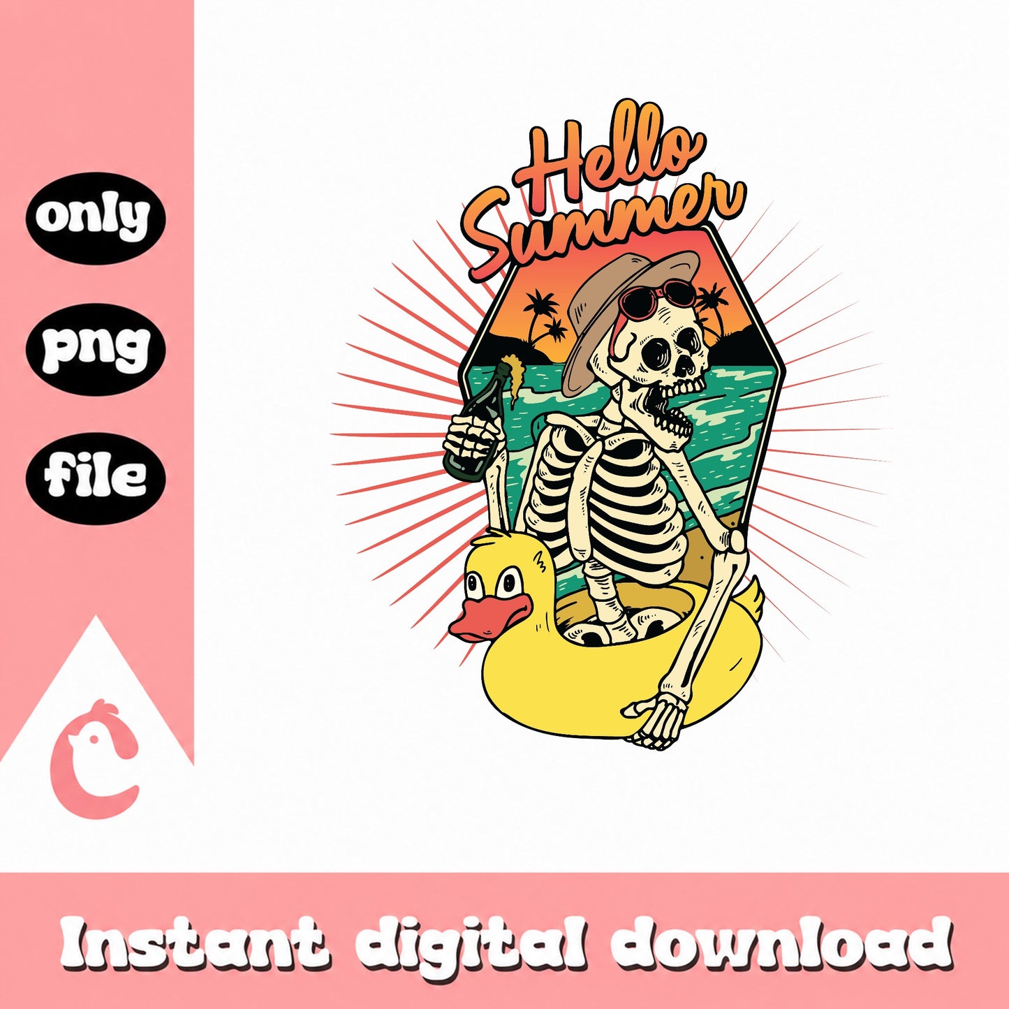 Hello Summer Skeleton PNG, Funny Skull Beach Vibes PNG, Retro PNG