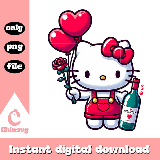 Hello kitty wine and heart balloon png, happy valentine day png