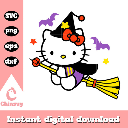 Hello kitty witch flying svg, halloween hello kitty svg