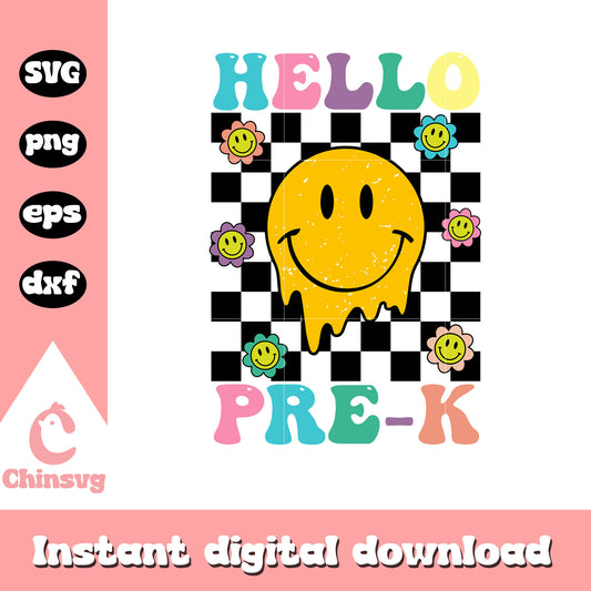 Hello pre-k back to school design svg, smiley face emoji svg