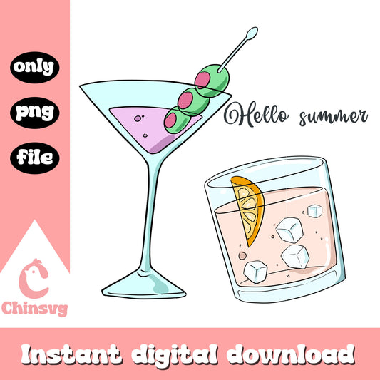 Hello summer design png, fruit cocktails png, summer vibes png
