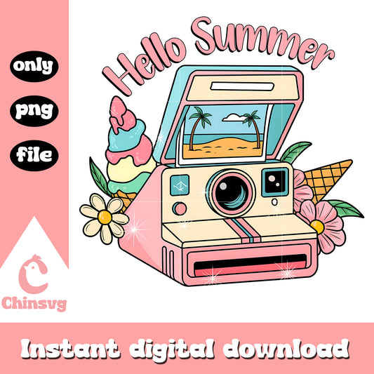 Hello summer logo design png, polaroid camera png, summer season​ png