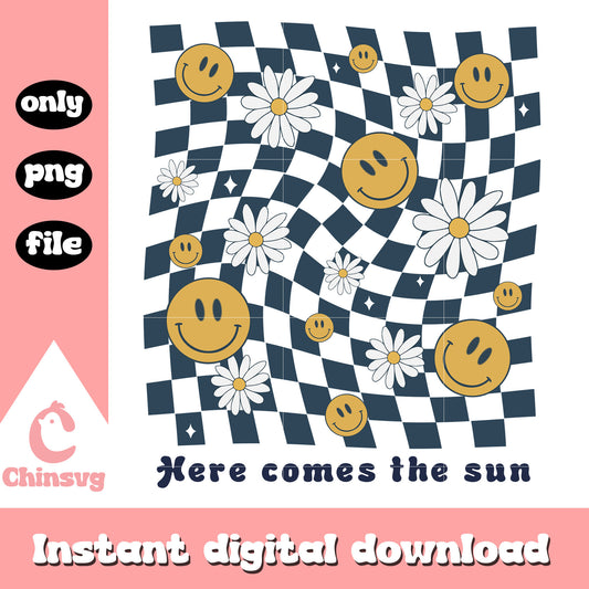 Here comes the sun daisy and smiley png, summer times png, quote png