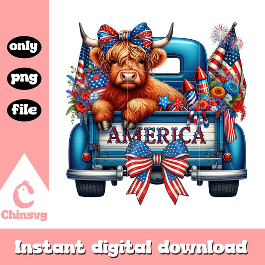 Highland Cow america on car png, cow america day png, cow bow png