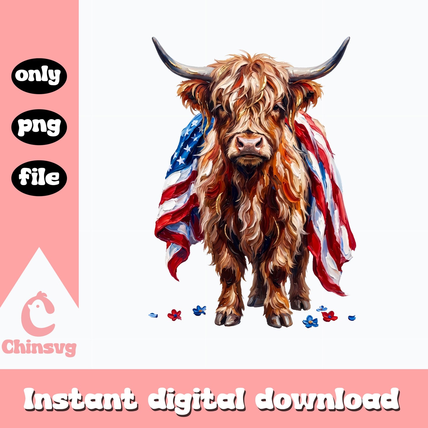 Highland Cow American Flag PNG, 4th Of July Cow, Patriotic PNG