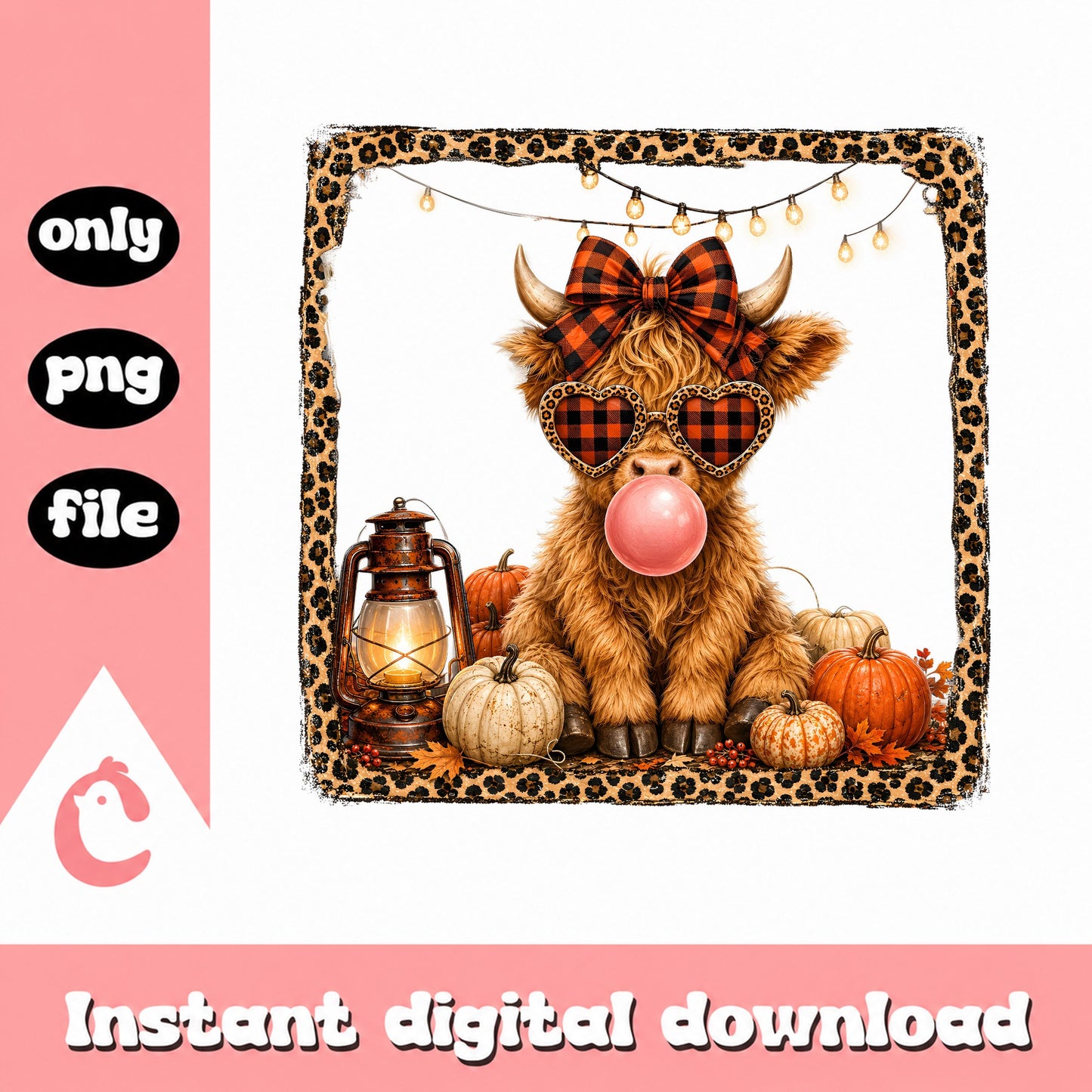 Highland Cow Bubblegum Fall PNG, Pumpkin Autumn PNG, Halloween PNG