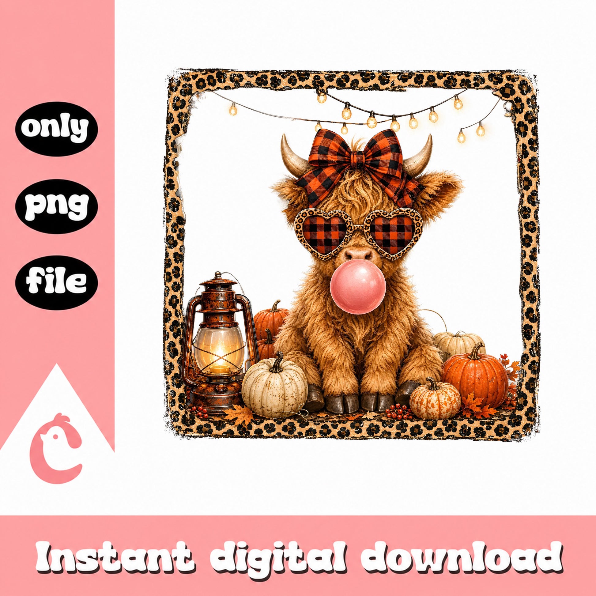 Highland Cow Bubblegum Fall PNG, Pumpkin Autumn PNG, Halloween PNG