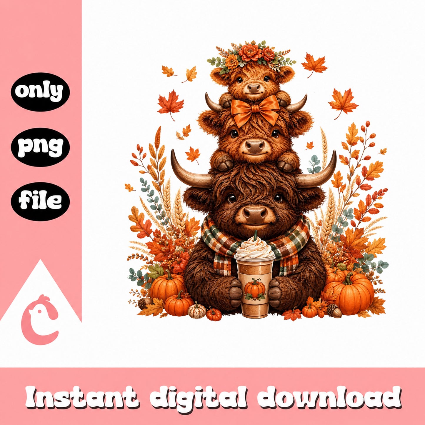 Highland Cow Fall PNG, Pumpkin Spice Autumn Cow, Cute Fall PNG