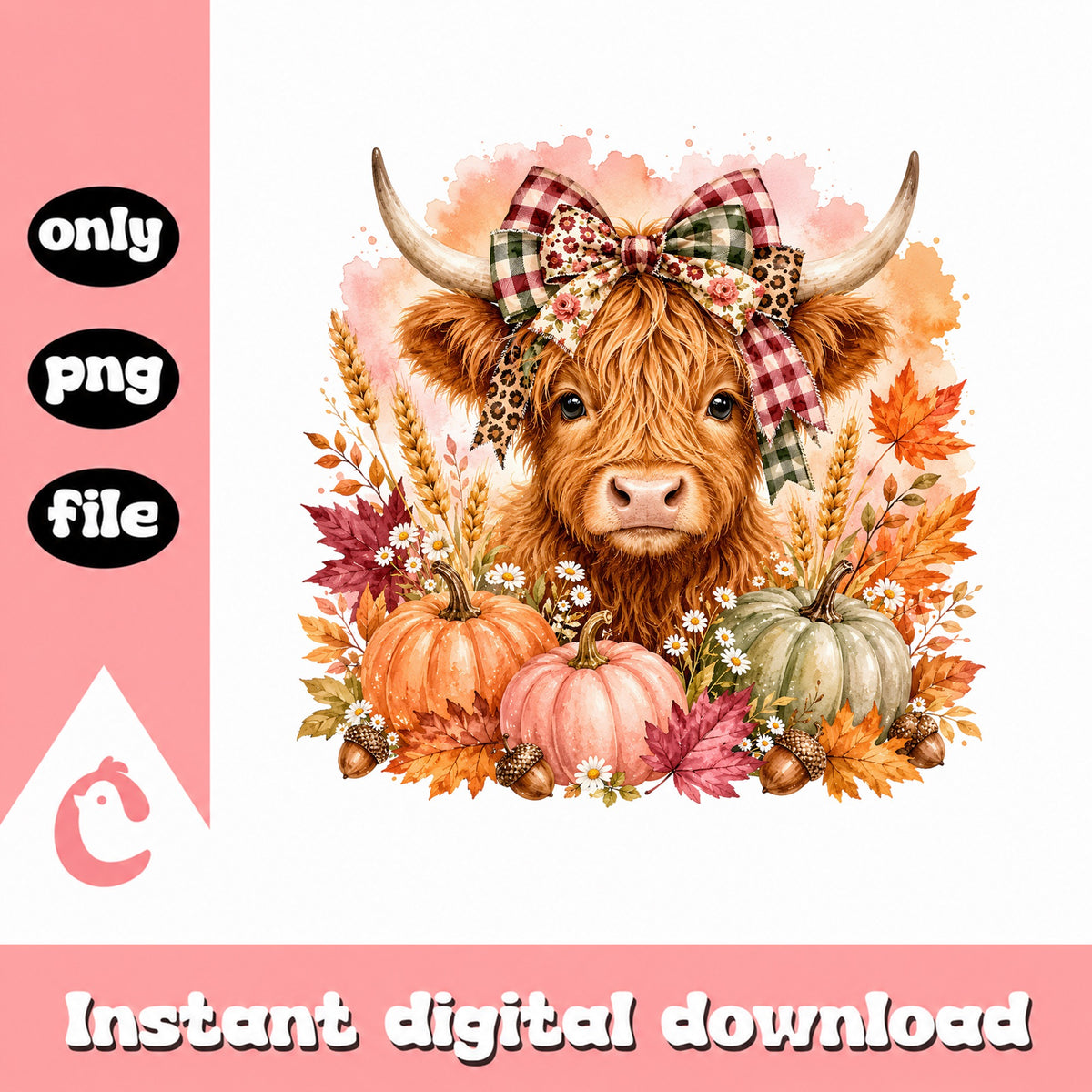Highland Cow Fall Pumpkin PNG, Autumn Cow With Bow PNG, Fall PNG