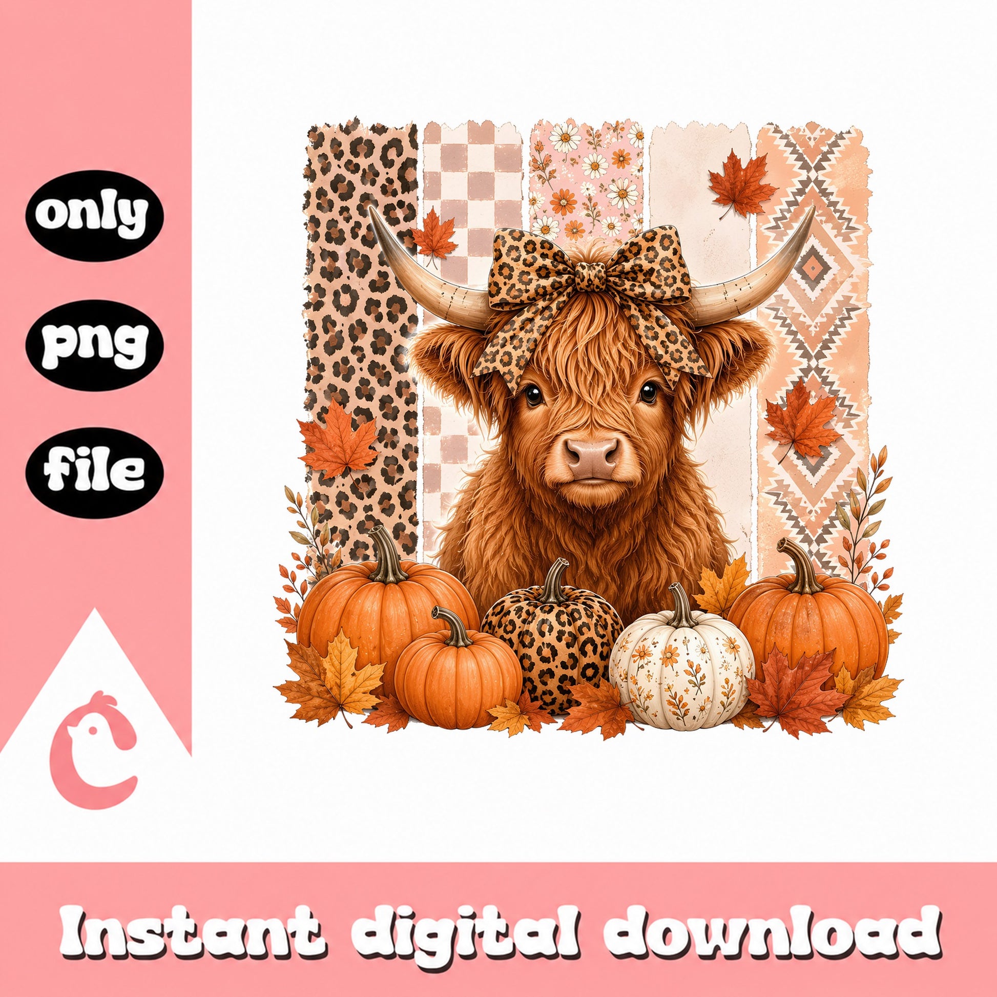 Highland Cow Fall Pumpkin PNG, Leopard Bow Autumn Cow, Fall PNG