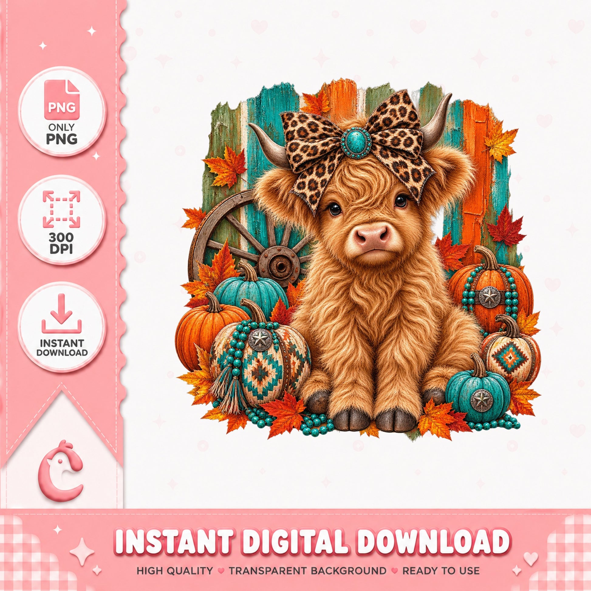 Highland Cow With Leopard Bandana, Fall Pumpkins Clipart, PNG