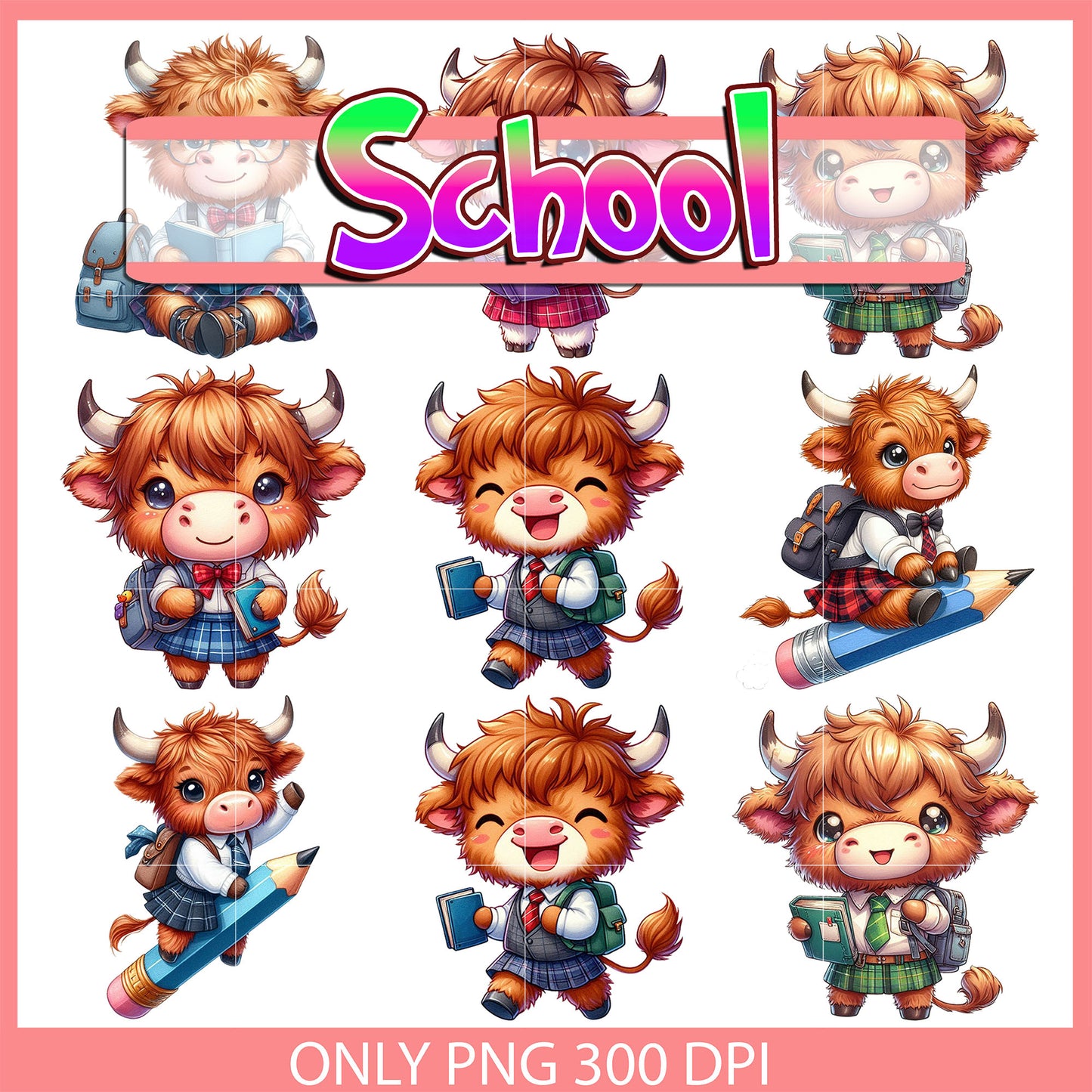 Highland cow back to school design bundle png, highland cow png
