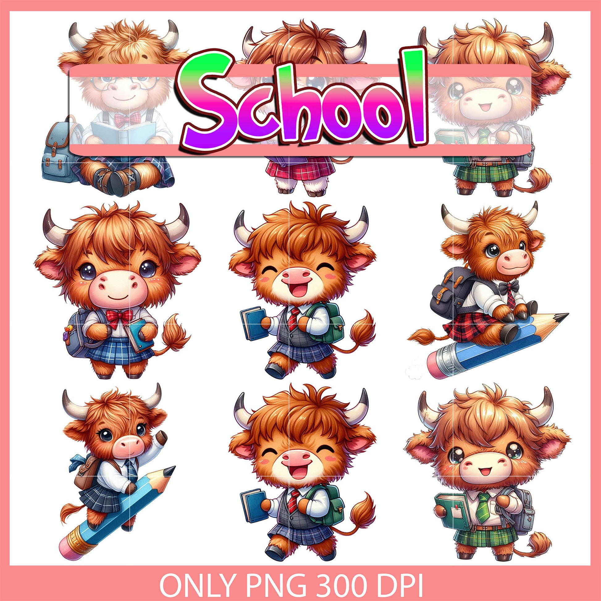 Highland cow back to school design bundle png, highland cow png