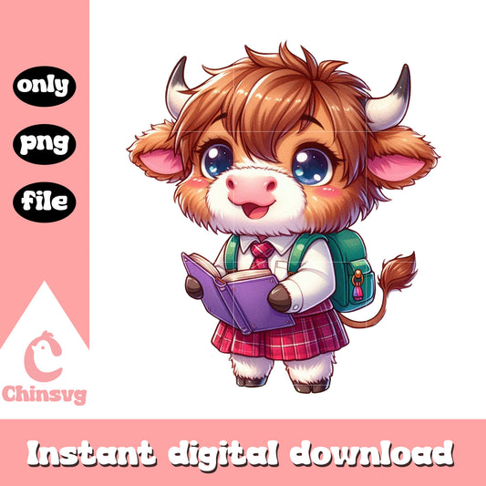 Highland cow cartoon character go to school png, school cartoon png