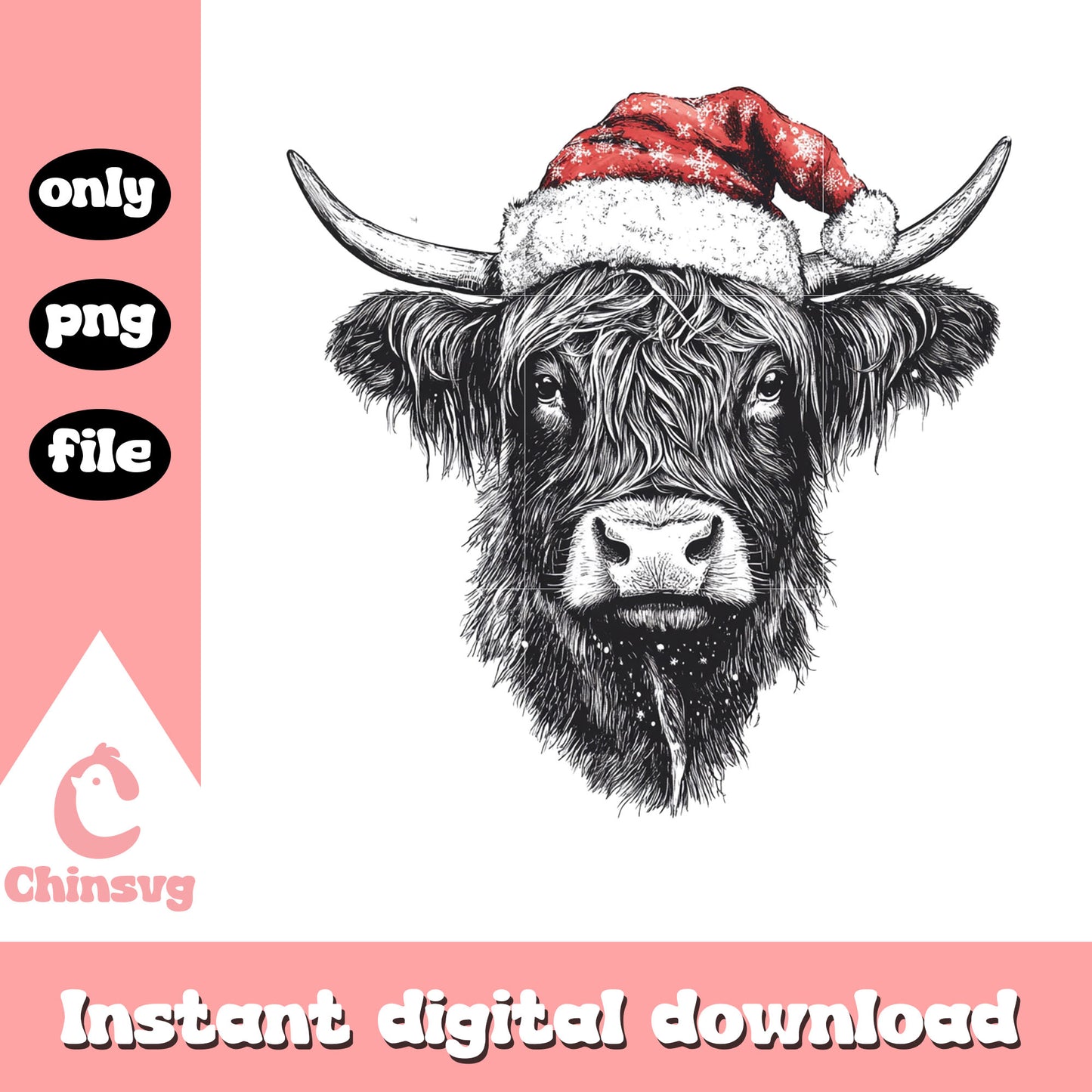 Highland cow christmas hat drawing png, highland cow png