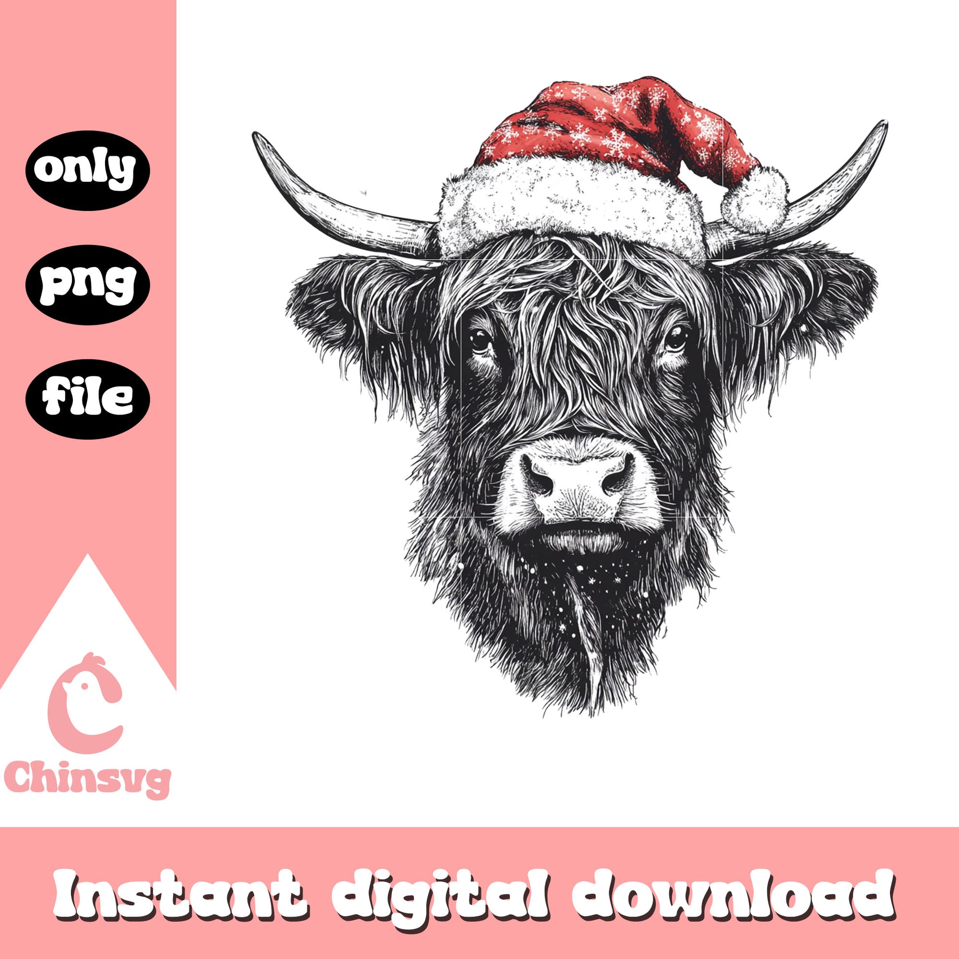 Highland cow christmas hat drawing png, highland cow png