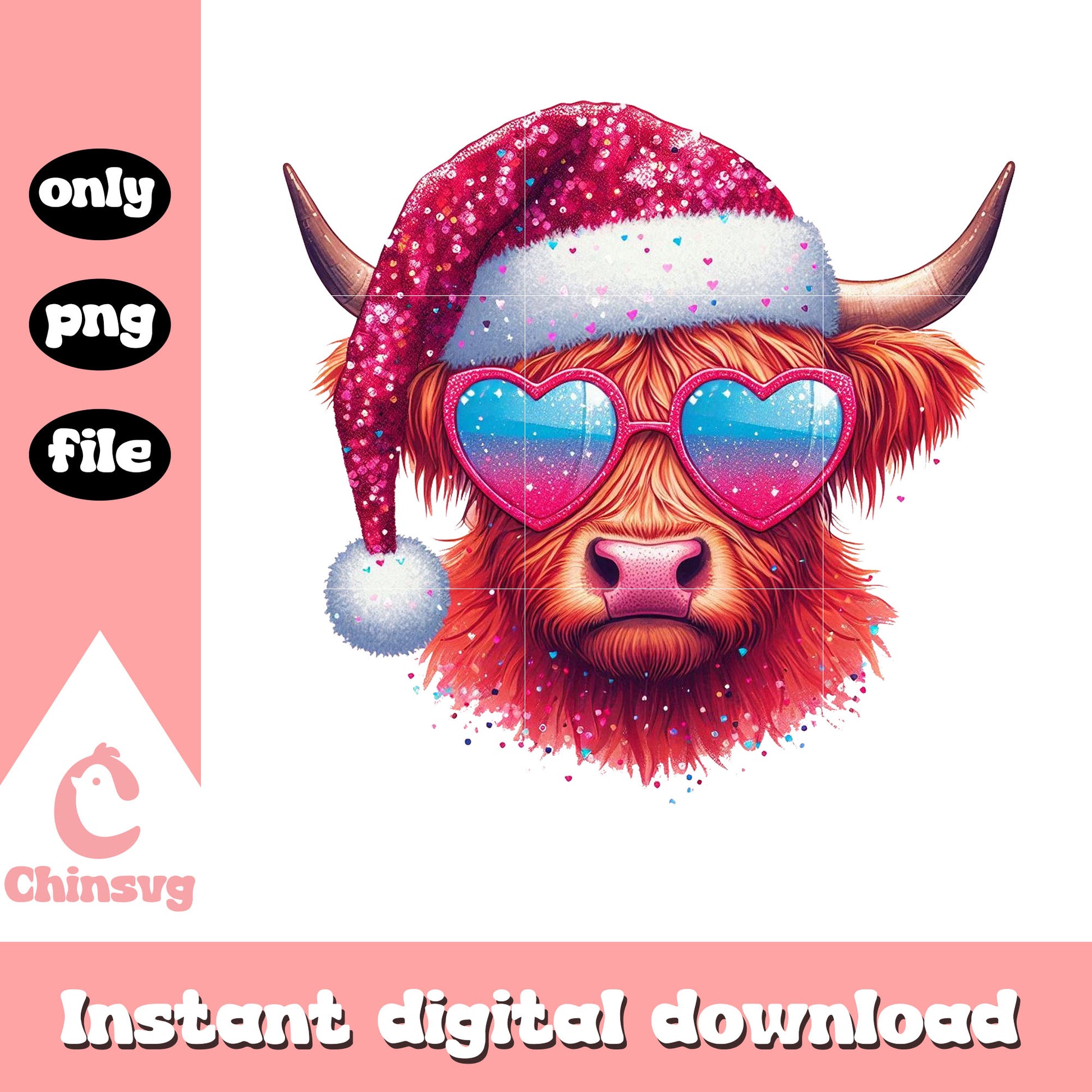 Highland cow glitter glasses design png, highland cow png