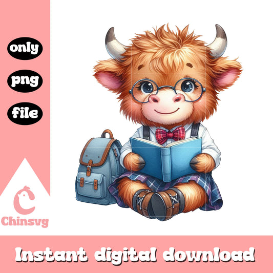 Highland cow reading book design png, private school near me png