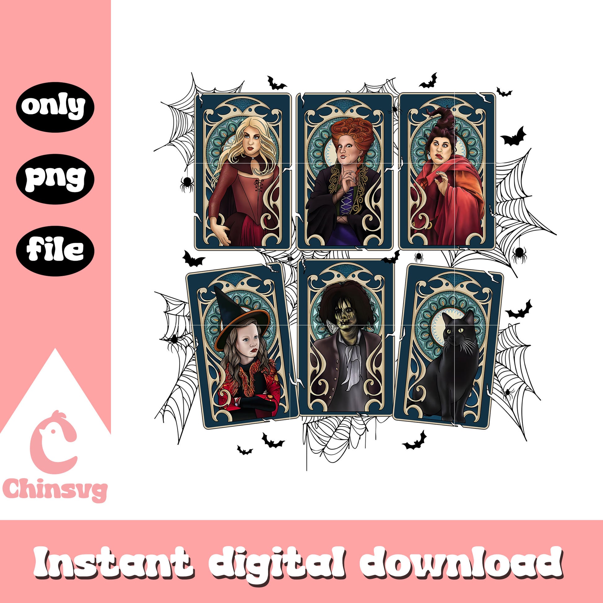 Hocus pocus characters cards design png, witches from hocus pocus png