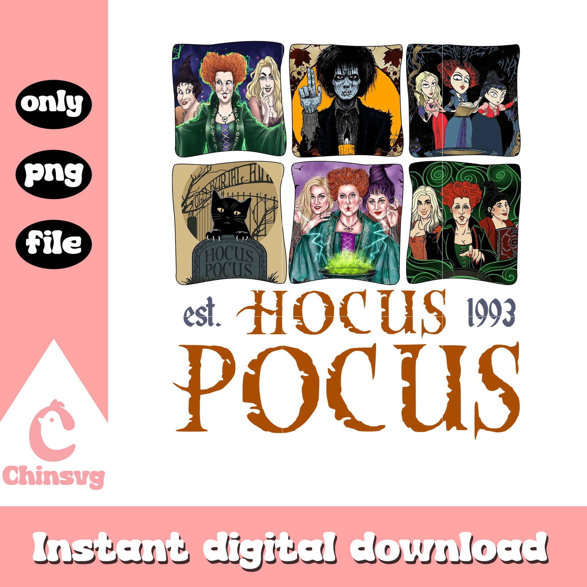 Hocus pocus est 1993 design png, hocus pocus characters png