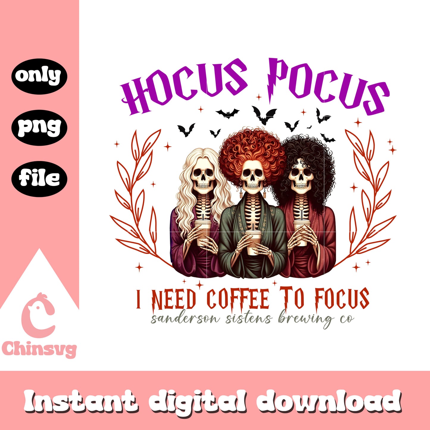 Hocus pocus i need coffee to focus png, skeleton halloween png