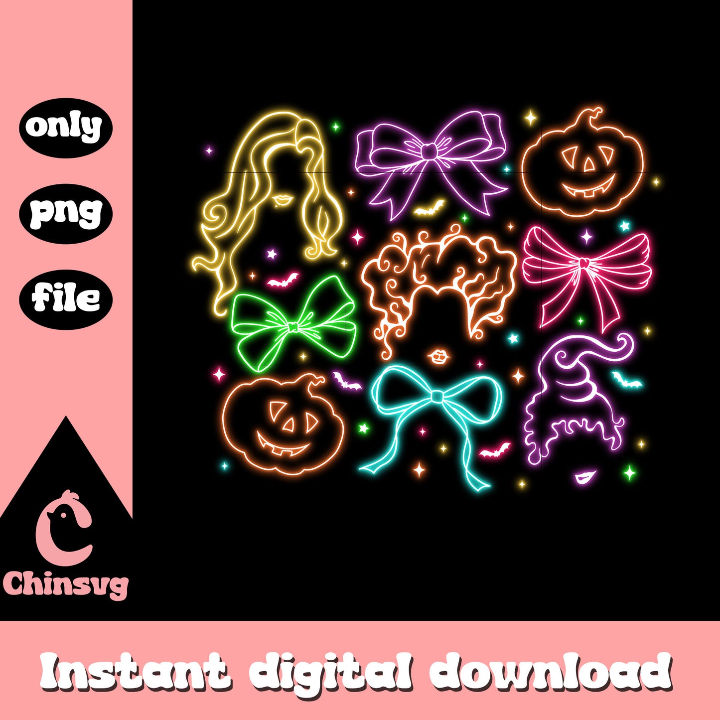 Hocus pocus pumpkin bow halloween neon clipart png, hocus pocus characters png