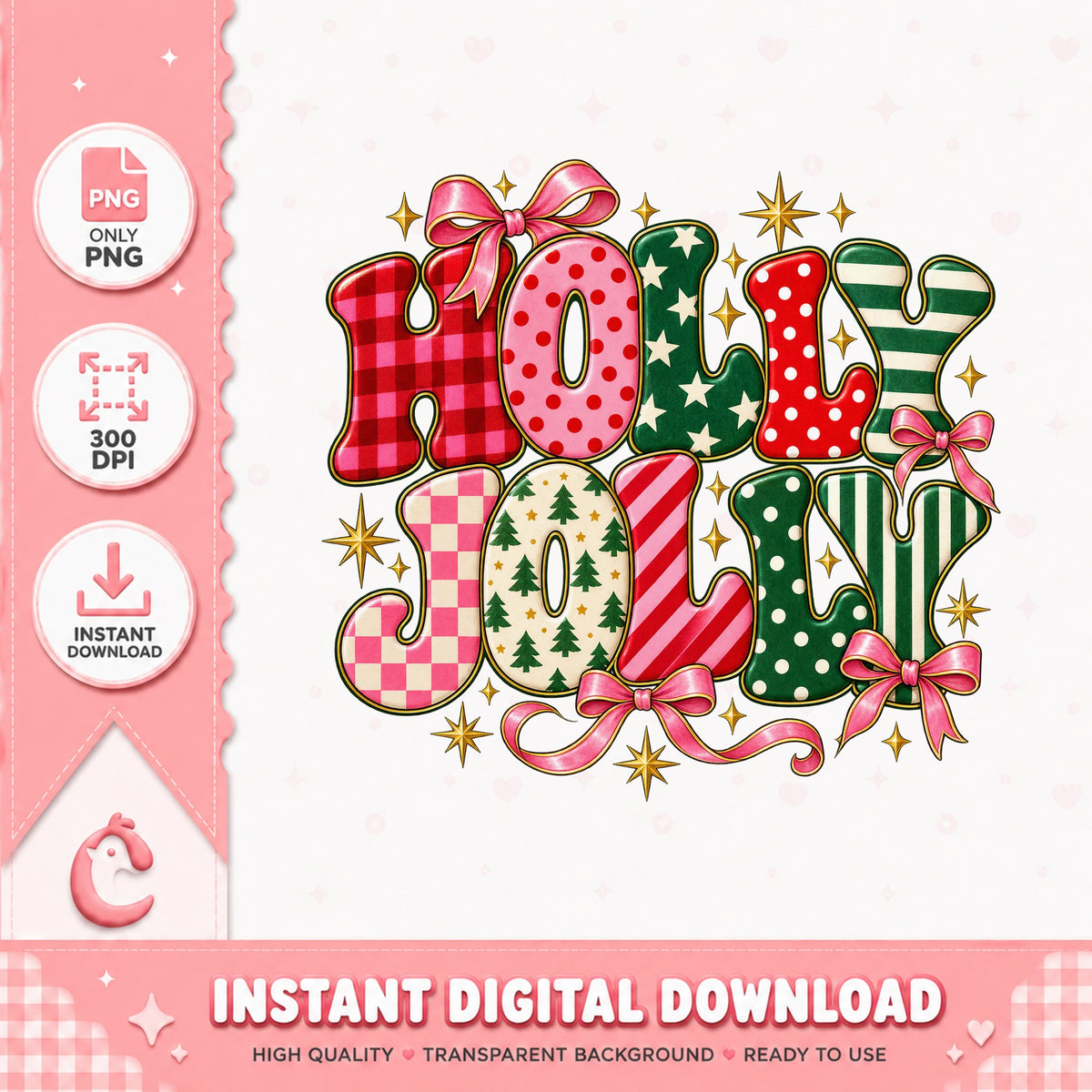 Holly Jolly Christmas PNG, Festive Holiday Letters, Sublimation PNG