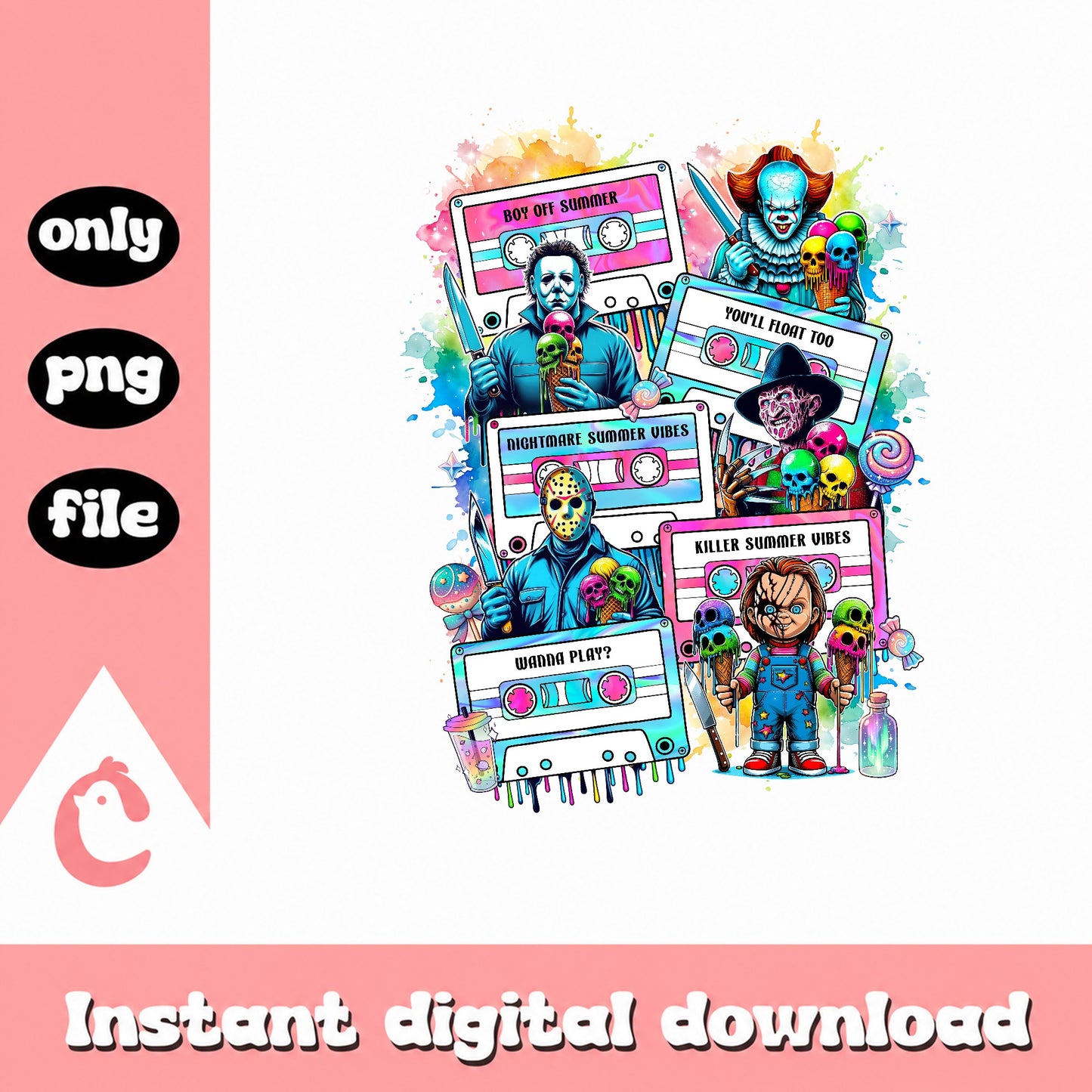Horror Characters Cassette Summer Vibes PNG, Halloween PNG, Killer Summer PNG