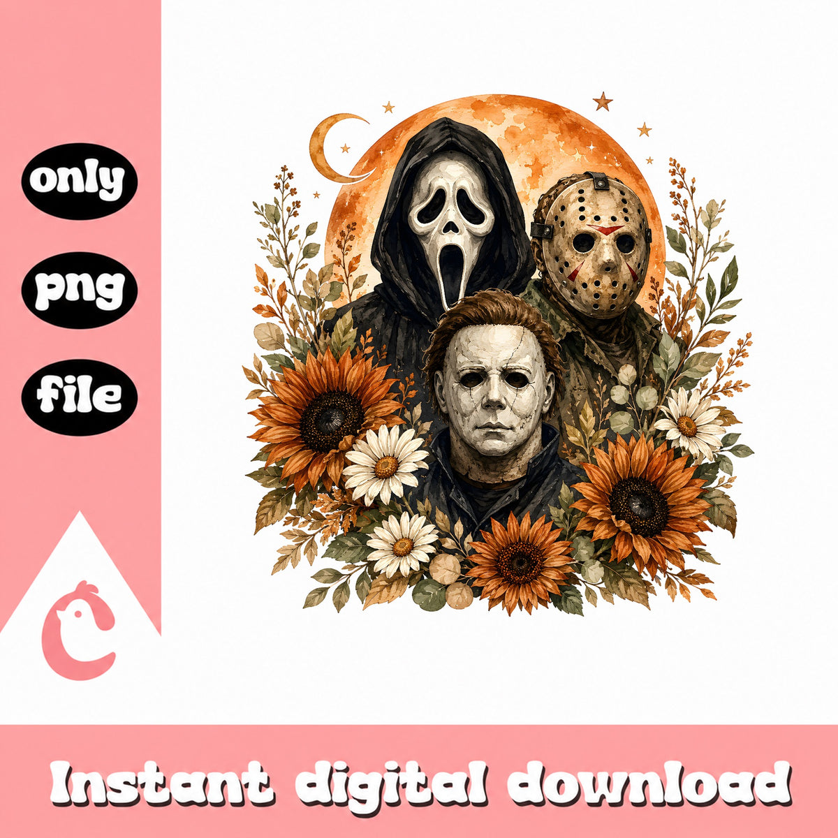 Horror Movie Characters Floral PNG, Halloween Killers PNG, Scary PNG