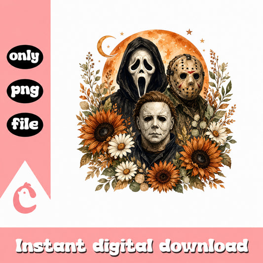 Horror Movie Characters Floral PNG, Halloween Killers PNG, Scary PNG