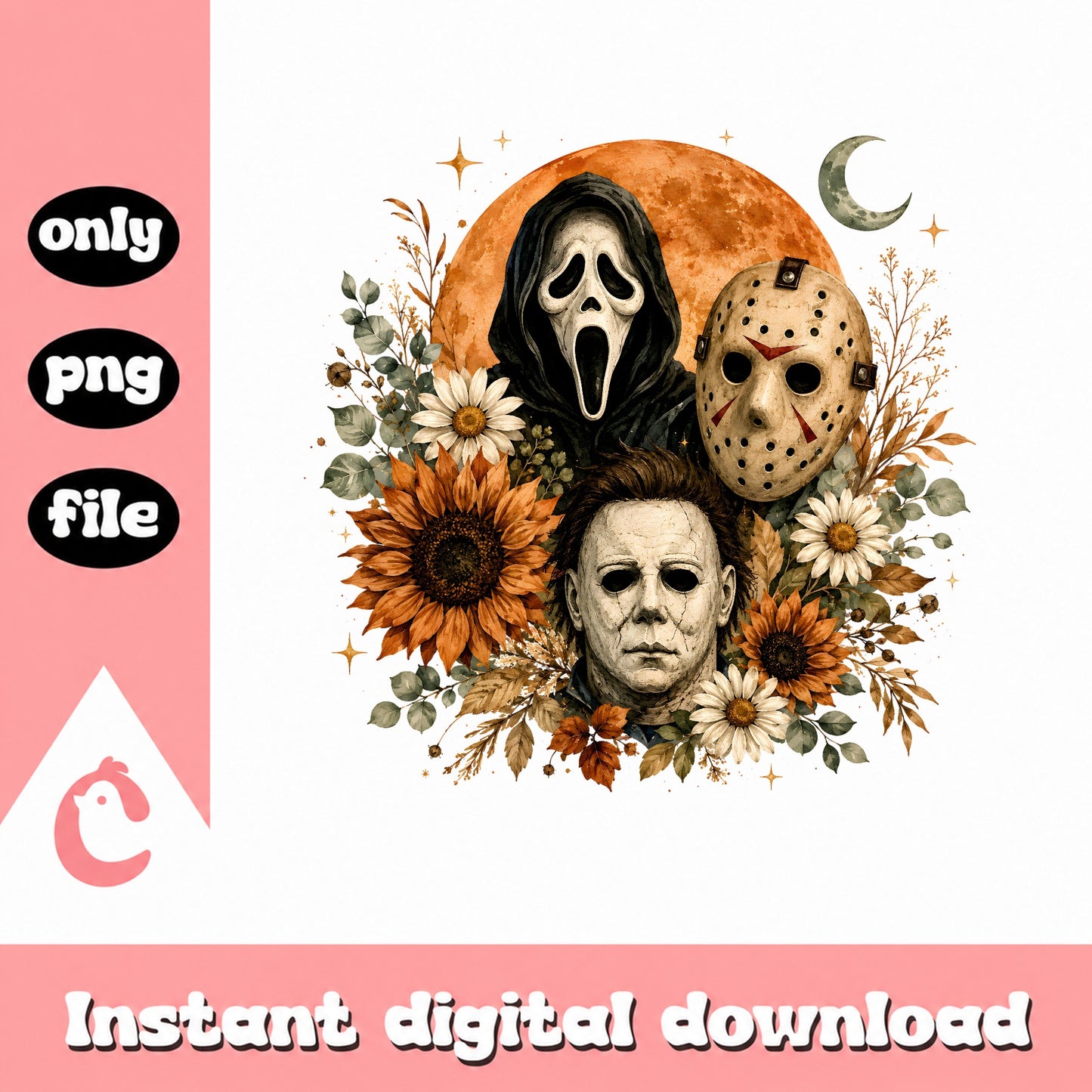 Horror Movie Characters PNG, Halloween Floral Clipart, PNG File