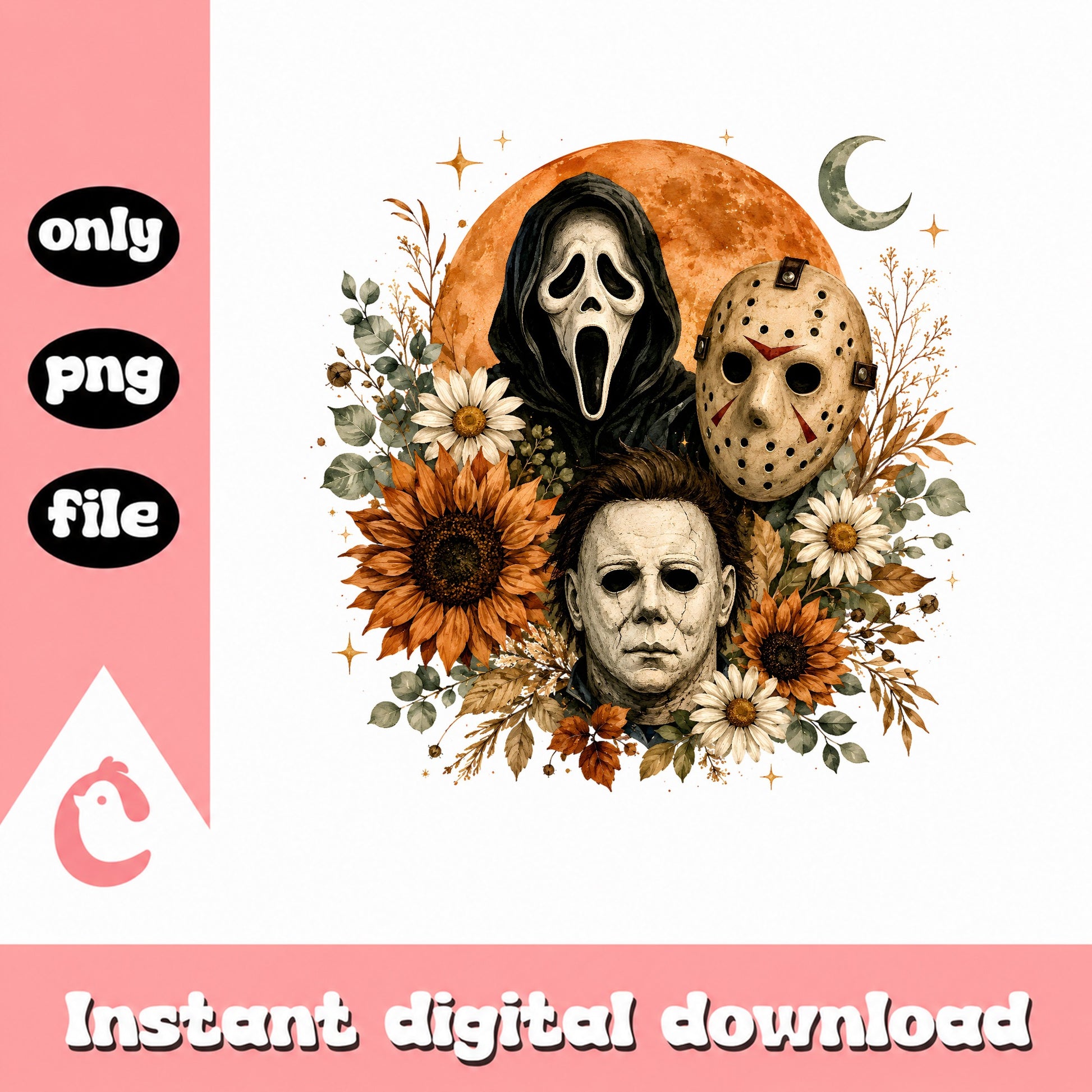 Horror Movie Characters PNG, Halloween Floral Clipart, PNG File