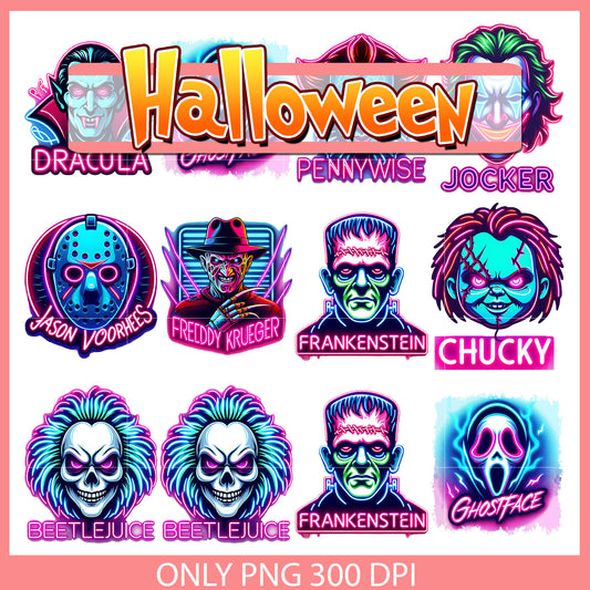 Horror character neon design bundle png, horror movies characters​ png
